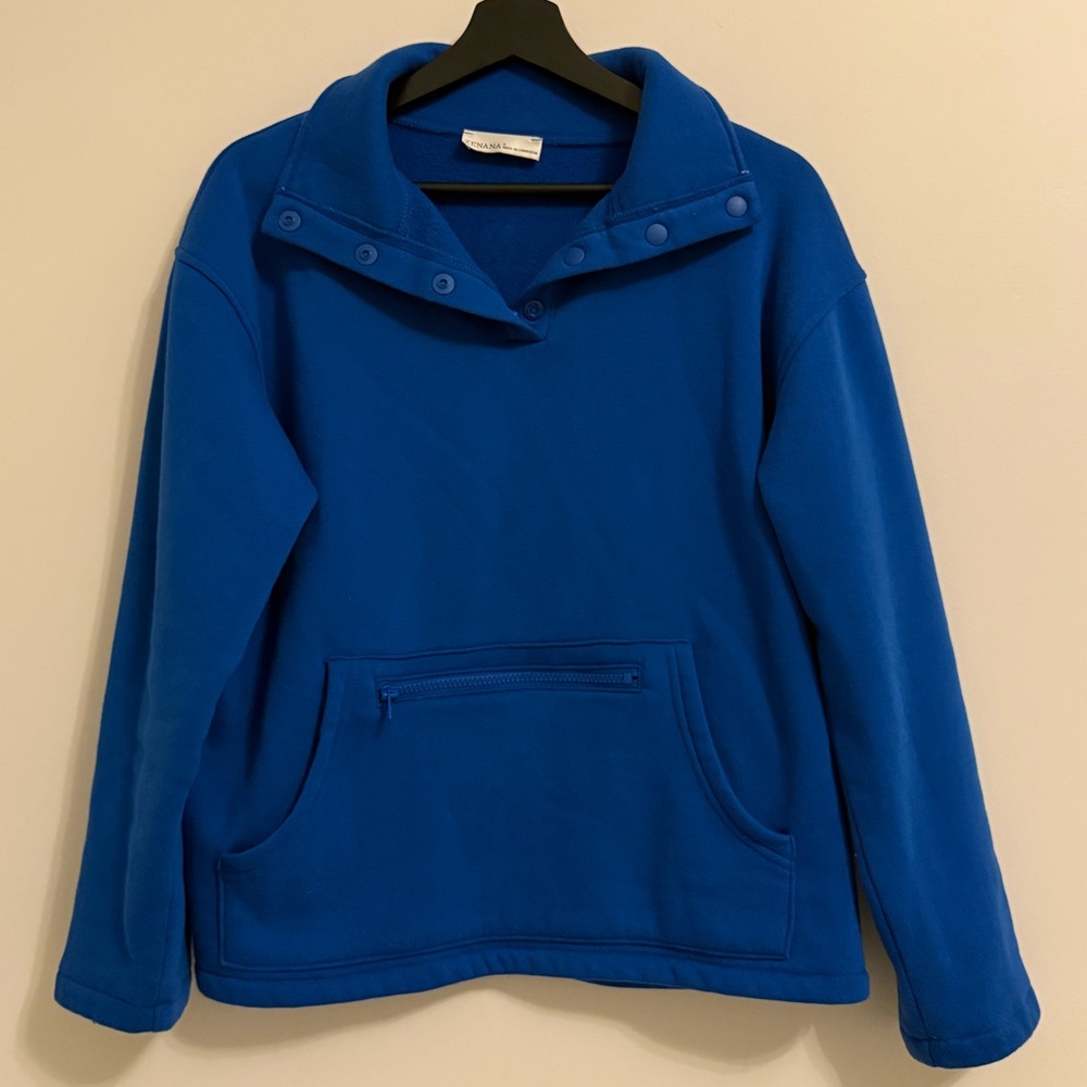 Zenana Cobalt Blue Snap Collar Pullover Sweatshirt | Cozy Fleece | Size S - Picture 2 of 6